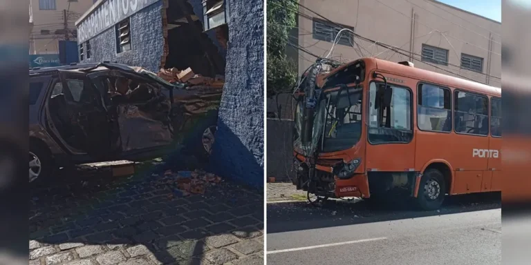 Carro destrói parede de comércio após colisão com ônibus em Ponta Grossa
