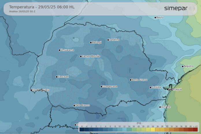 Frente fria derruba as temperaturas no Estado. Simepar alerta para frio intenso no Paraná, geadas e temperaturas negativas já a partir da quarta-feira (28).