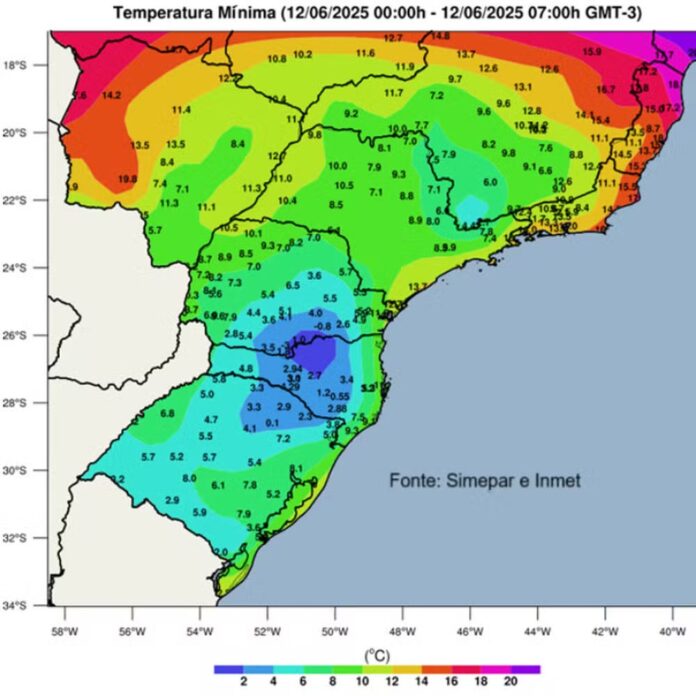 O Paraná registrou temperaturas abaixo de zero e geadas nesta quinta (12), com destaque para os -3,4ºC em General Carneiro, o recorde de frio do ano no estado.