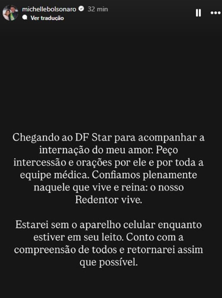 Michelle pede orações enquanto acompanha Bolsonaro em hospital