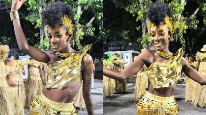Jeniffer Dias emociona-se ao desfilar na comissão de frente da Acari no carnaval do Rio