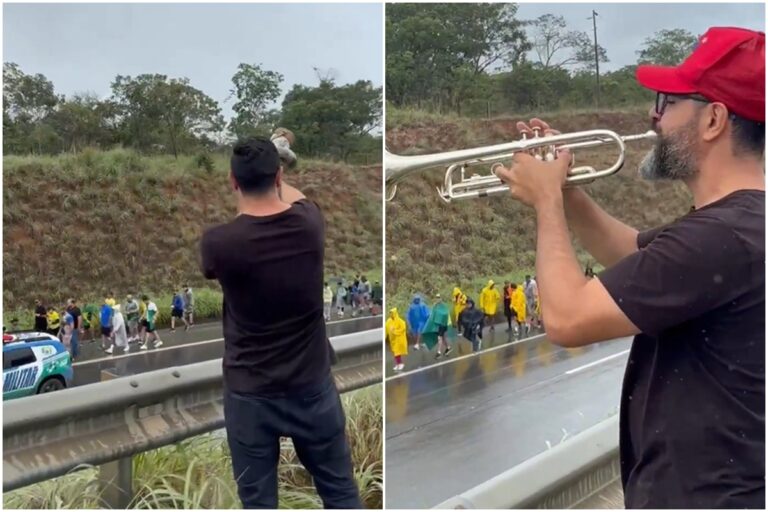 Trompetista toca berrante na caminhada de Nikolas Ferreira em protesto inusitado