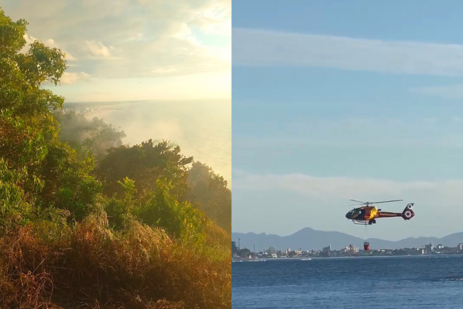 Bombeiros reforçam combate a incêndio no Morro do Boi com uso de helibalde