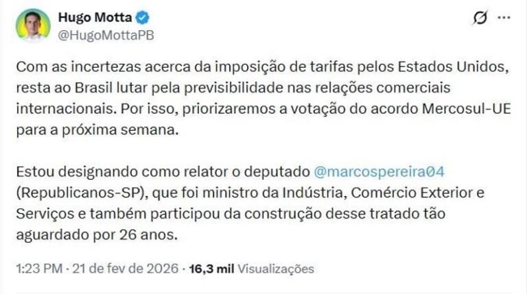 Hugo Motta impulsiona análise do acordo Mercosul-UE diante de tarifas dos EUA