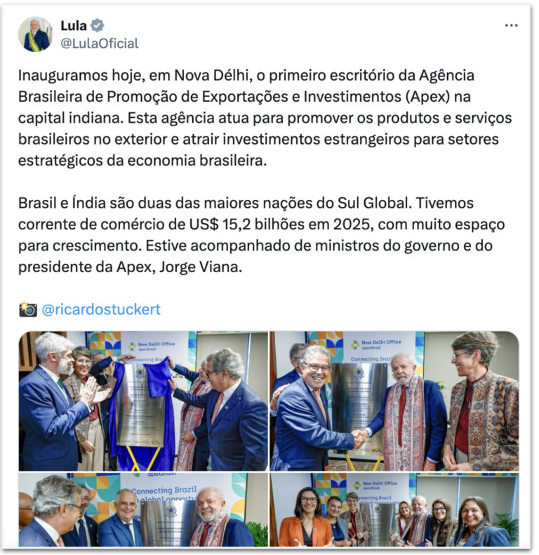 Lula inaugura escritório da apex em nova déhli para fortalecer comércio bilateral