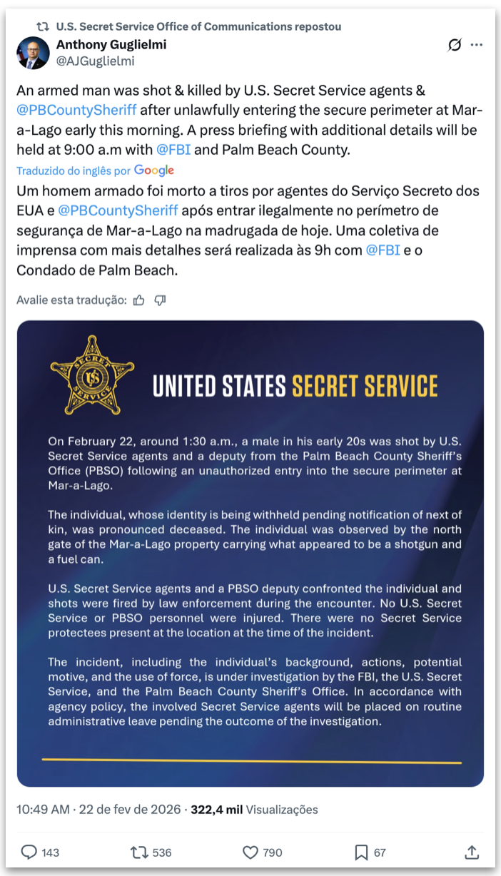 Homem invade resort Mar-a-Lago e é morto por agentes do Serviço Secreto