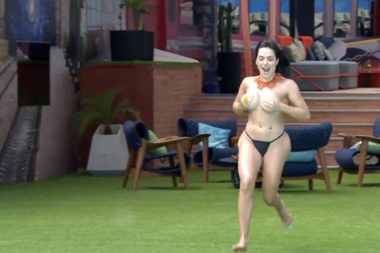 Jordana Morais cumpre promessa e pula na piscina do BBB 26 sem a parte de cima do biquíni