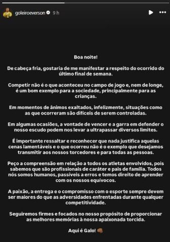 Everson se manifesta sobre confusão em Cruzeiro x Atlético-MG e pede reflexão