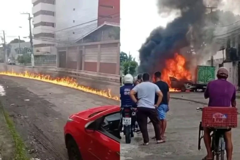 Carro arrasta moto e causa explosão após colisão com caminhão em Fortaleza