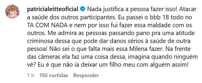 Ex-BBB critica atitude de Milena no BBB 26 e alerta sobre riscos à saúde