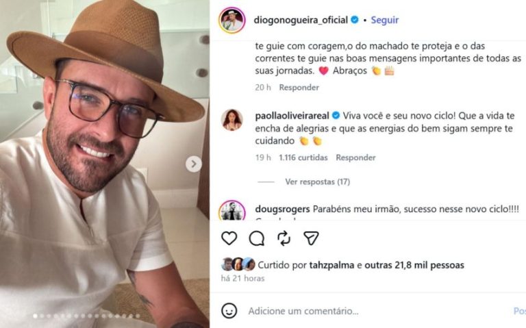 Paolla Oliveira demonstra carinho e envia recado a Diogo Nogueira