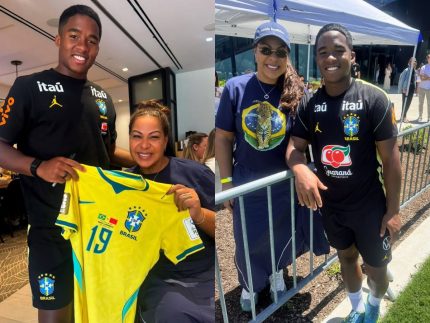 Cíntia Ramos visita seleção e reencontra Endrick em treino aberto