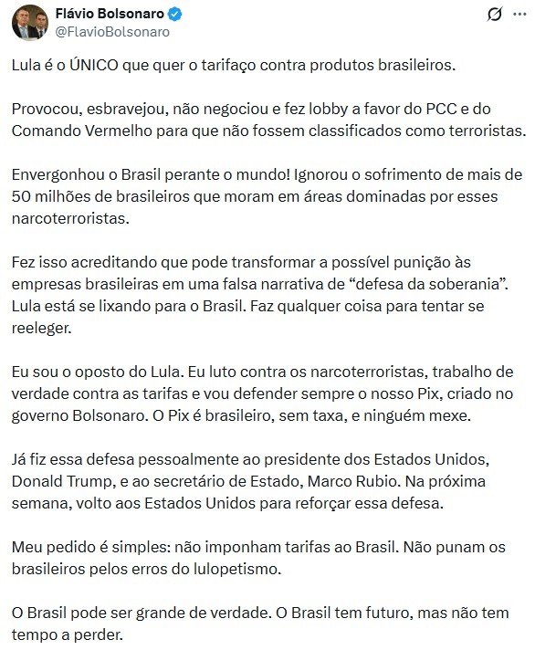 Flávio Bolsonaro rebate Lula sobre tarifaço dos EUA