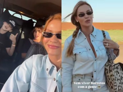 Andressa Suita chega de jatinho com filhos para acampar em Barretos