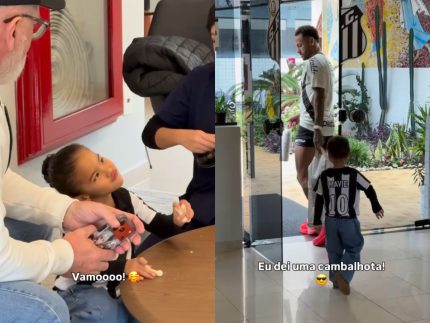 Mavie encanta ao visitar Neymar no centro de treinamento do Santos