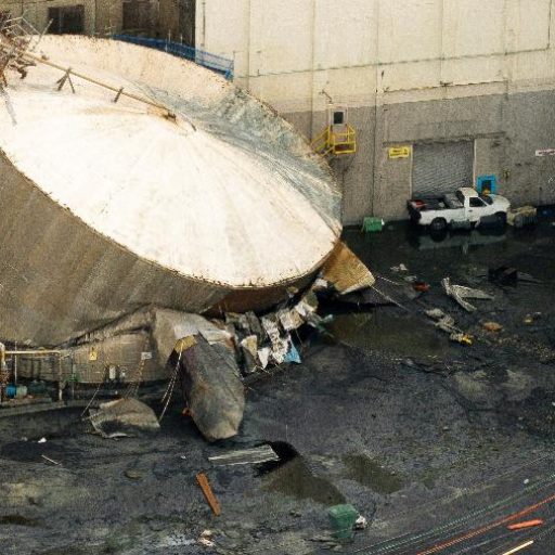 m aérea de um tanque de produto químico após seu rompimento na fábrica de celulose e papel Nippon Dynawave Packaging em Longview, Washington, EUA